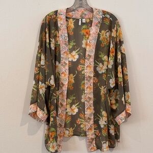 Cato Women's Floral SZ 14/16W Kimono Olive Green Orange White  EUC
